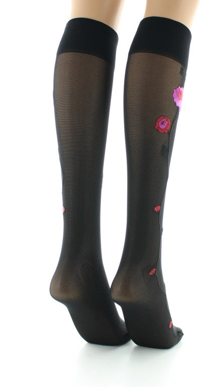 Mi-bas 30D noir Fleurs roses et rouges NOIR