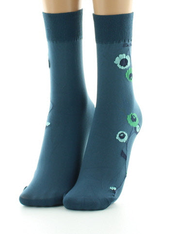 Mi-chaussettes 40D pétrole Fleurs vertes et bleues PETROLE