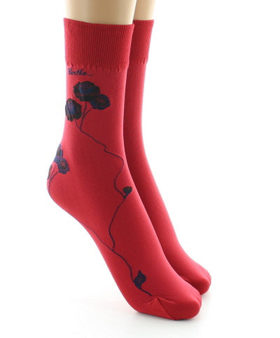 Mi-chaussettes 40D rouge Fleurs noires et marine ROUGE