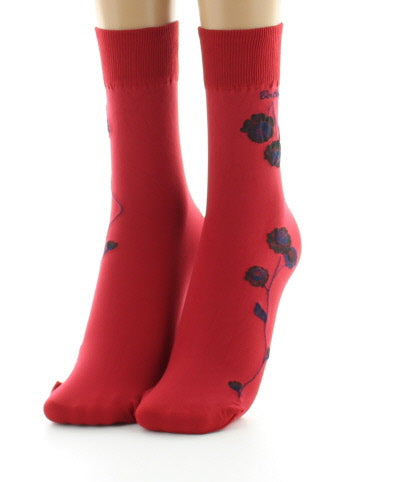 Mi-chaussettes 40D rouge Fleurs noires et marine ROUGE