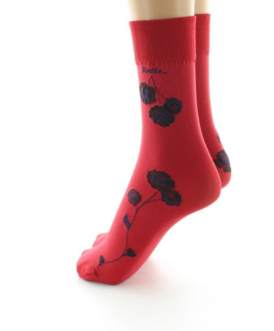 Mi-chaussettes 40D rouge Fleurs noires et marine ROUGE