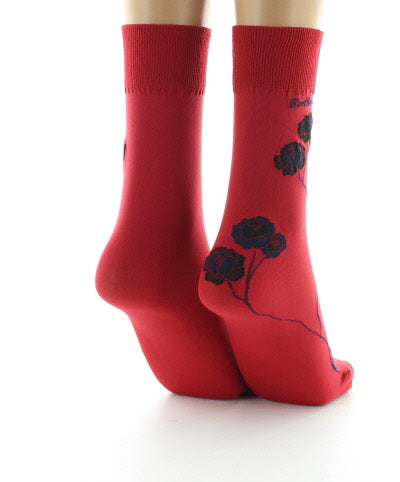 Mi-chaussettes 40D rouge Fleurs noires et marine ROUGE