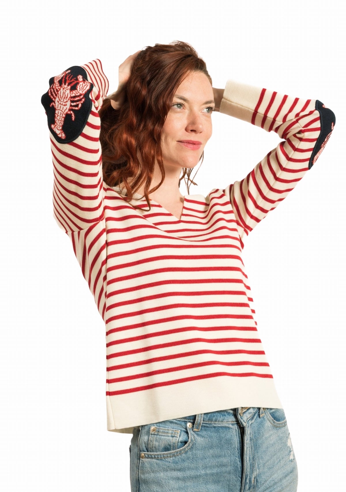 Pull col V femme rayé ivoire/rouge à coudières Homard IVOIRE/ROUGE
