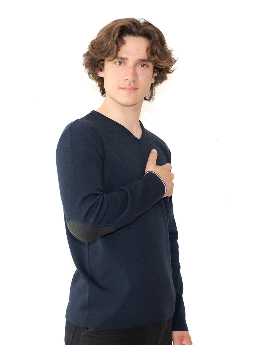 Pull col V homme mérinos bleu marine rayures asymétriques kaki