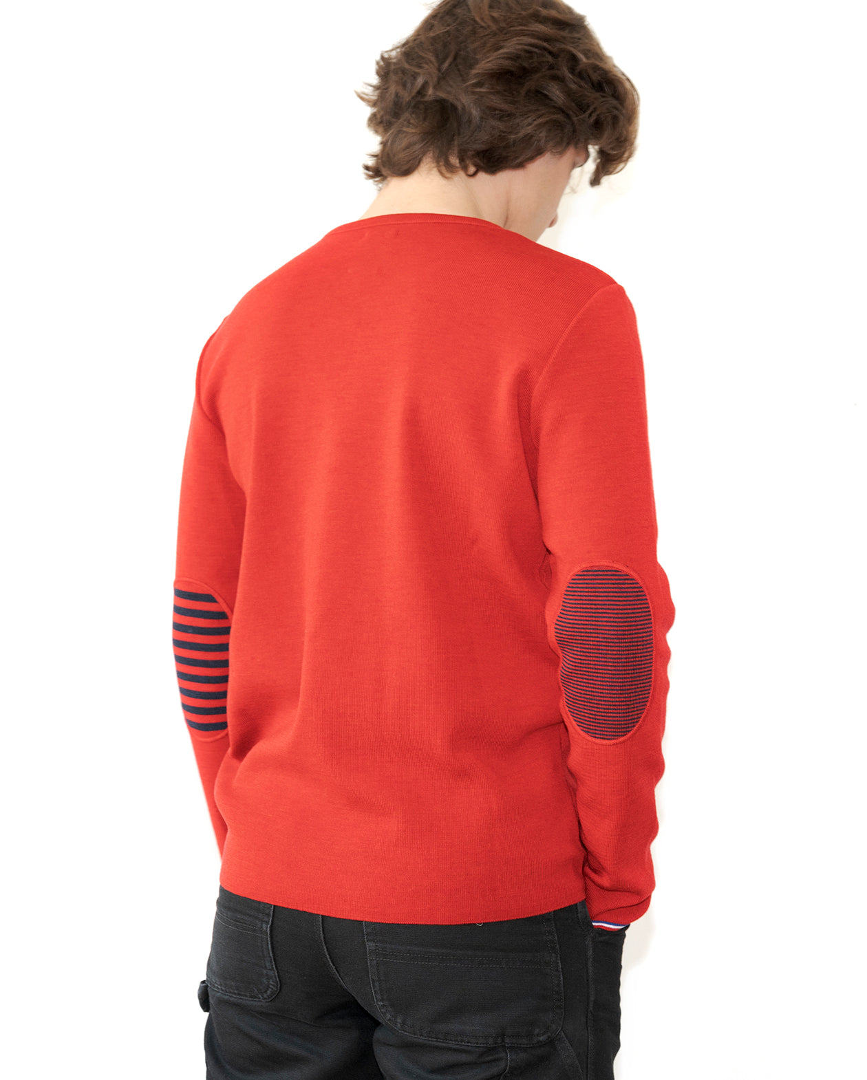 Pull col V homme mérinos rouge rayures asymétriques bleu marine ROUGE