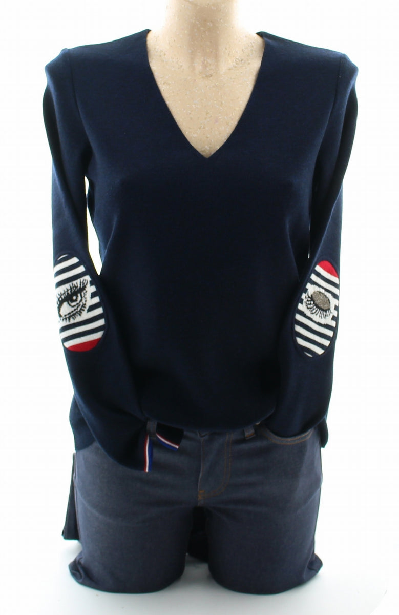 Pull marin Femme Marine Oeil col V - Main Image