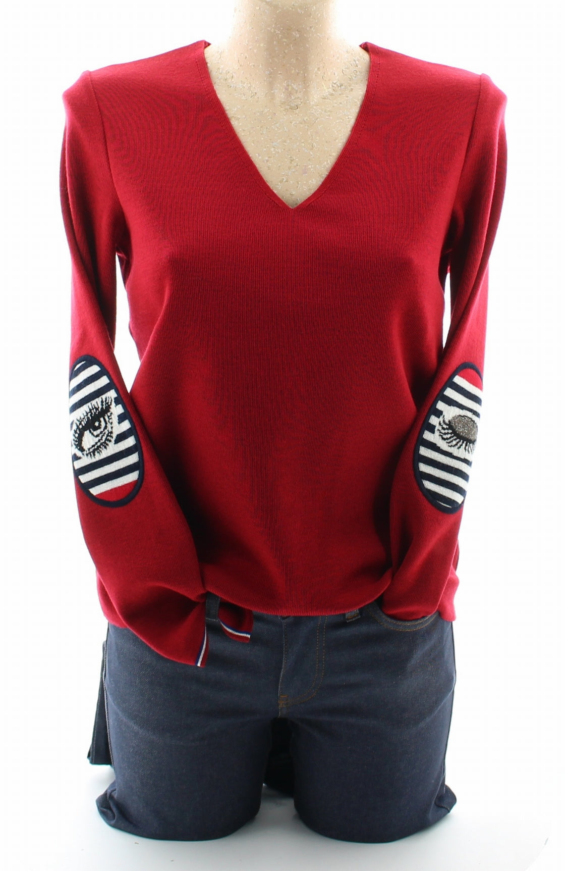 Pull marin Femme Rouge Oeil col V ROUGE