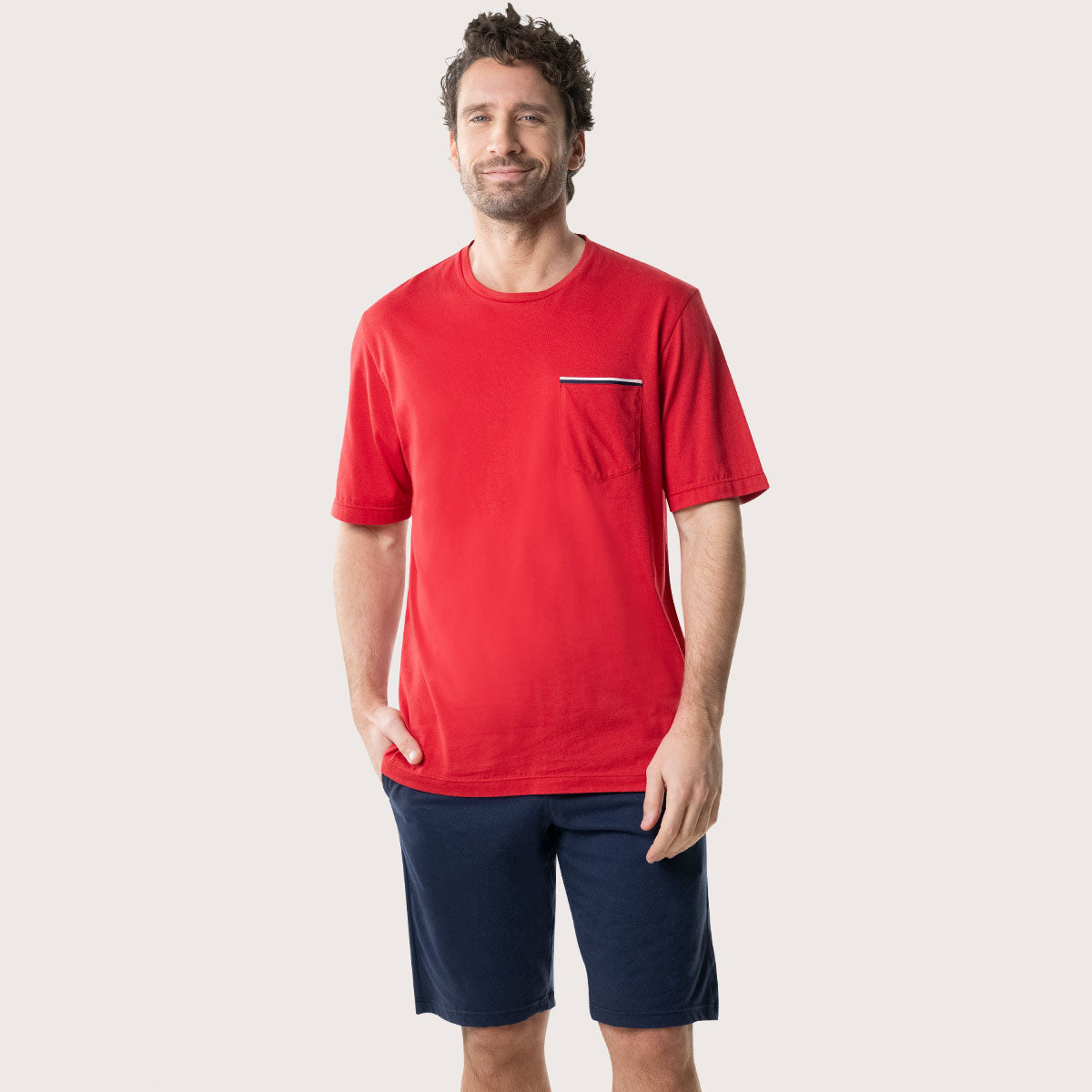 Pyjama court col rond homme 100% coton bleu et marine ROUGE/MARINE