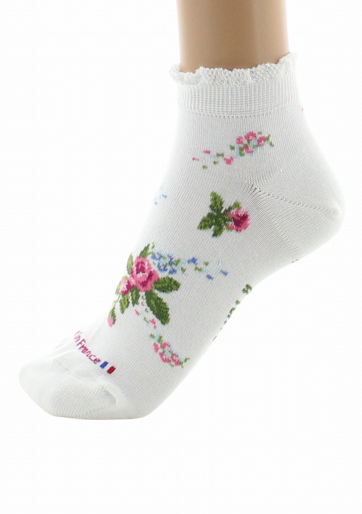 Socquettes fantaisie femme en coton Dagobert Bouquets de fleurs Blanc BLANC